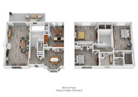 Floor plan for 3 beds, 2.5 baths, 1834 sqft